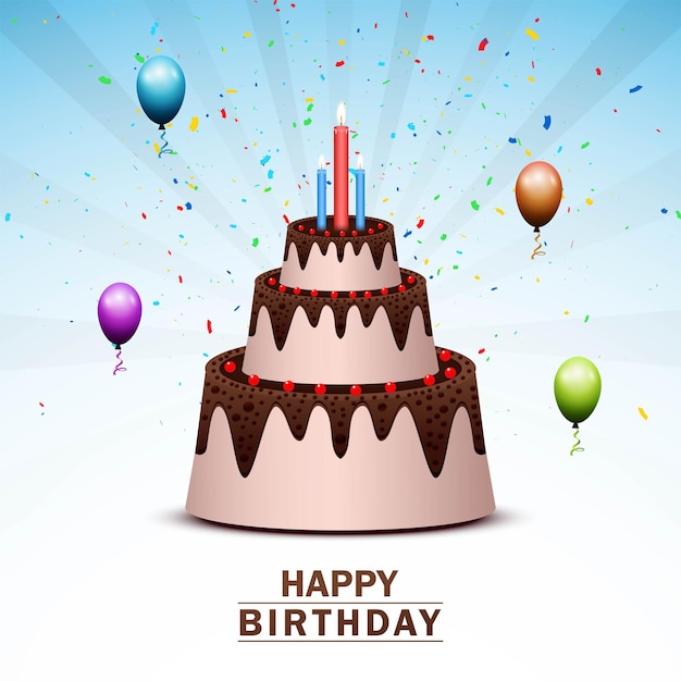 Chocolade verjaardagstaart met rode chary en drie kaarsen op ballonnen achtergrond
