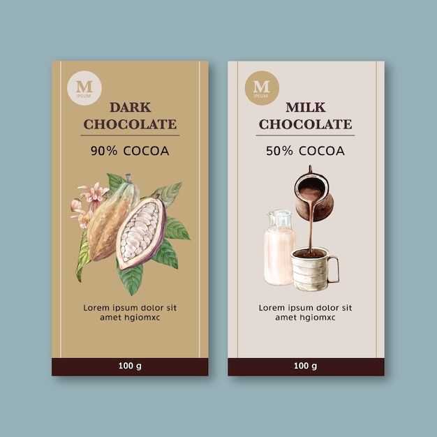 Chocolade verpakking met ingrediënten tak cacao, aquarel illustratie