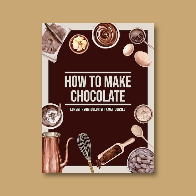 Gratis vector chocoladeaffiche met ingrediënten die chocoladereep brak, waterverfillustratie