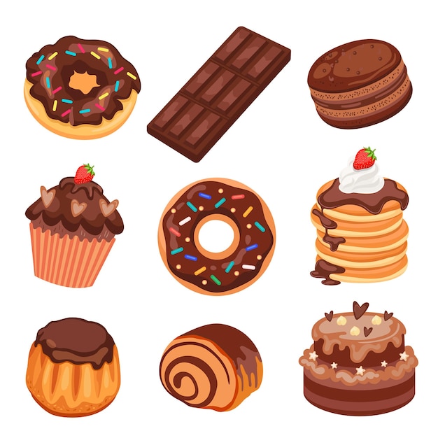 Gratis vector chocoladedesserts, zoet voedselset. illustraties van choco heerlijke producten in cafémenu