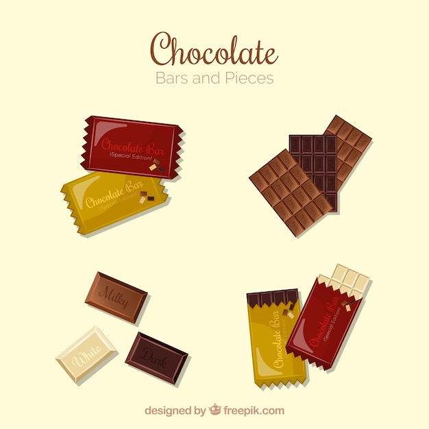 Gratis vector chocoladerepen en stukkeninzameling met verschillende vormen en aroma's