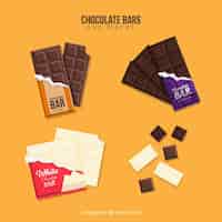Gratis vector chocoladerepen en stukkeninzameling met verschillende vormen en aroma's