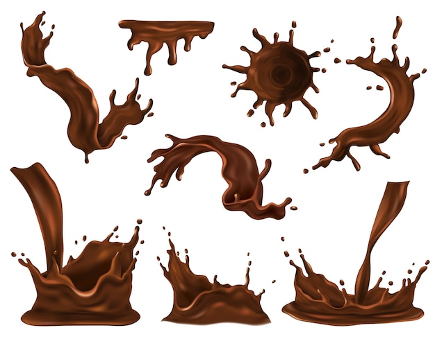 Chocolate splash swirl en drop realistische set geïsoleerd