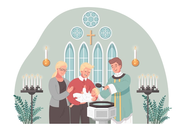 Christelijke kerk cartoon scène met priester dopende baby vectorillustratie