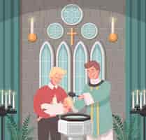 Gratis vector christelijke kerk cartoon scène met priester dopende babyjongen vectorillustratie
