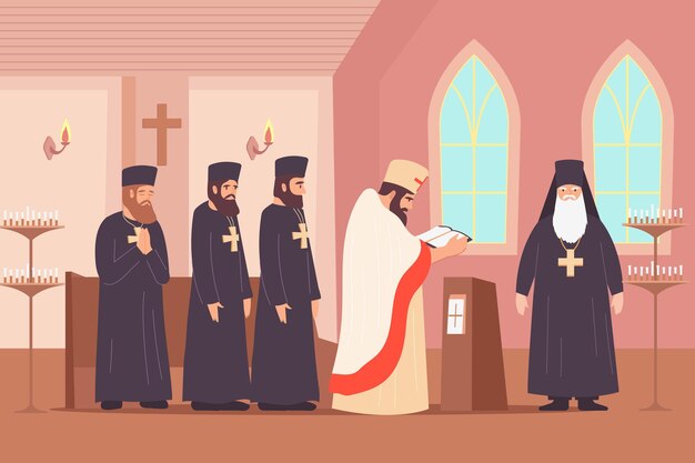 Christendom-religie platte compositie met binnenlandschap van kapel met kerkelijke ordekarakters die een preekillustratie prediken