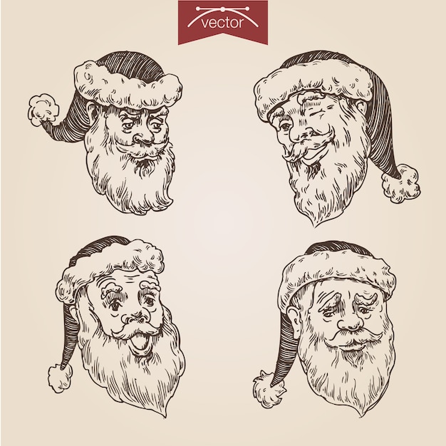 Gratis vector christmas santa set hand getrokken gravure