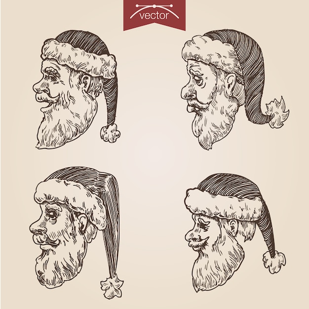 Gratis vector christmas santa set hand getrokken gravure