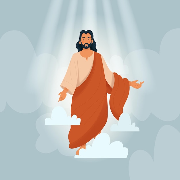 Gratis vector christus bijbel verhaal samenstelling jezus komt uit de hemel in het zonlicht vectorillustratie