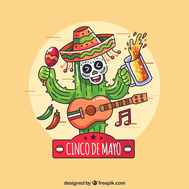 Cinco de mayo achtergrond met cactus en instrumenten