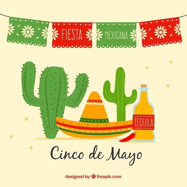 Cinco de mayo achtergrond met cactus en tequila