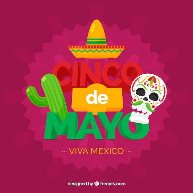 Cinco de mayo achtergrond met schedel in vlakke stijl