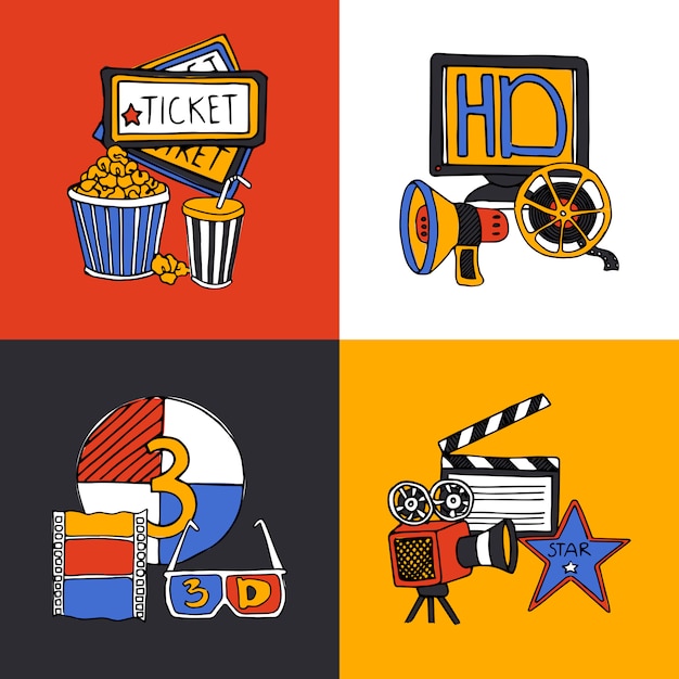 Gratis vector cinema ontwerpconcept plat pictogrammen instellen