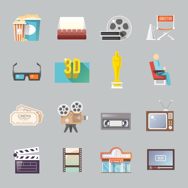 Gratis vector cinema retro plat pictogrammen instellen