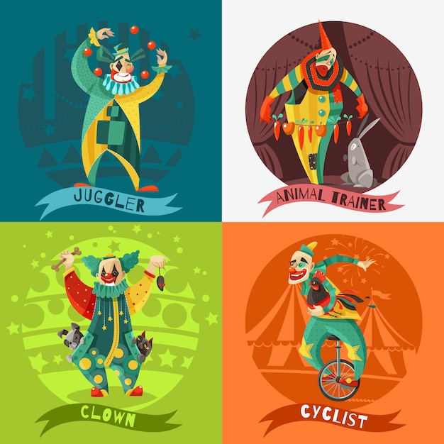 Gratis vector circus clowns 4 pictogrammen vierkant concept