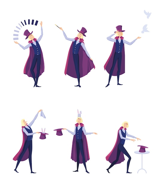 Gratis vector circus illusionist set. cartoon goochelaar man in cape jongleren of konijn nemen uit hoge hoed geïsoleerd op wit