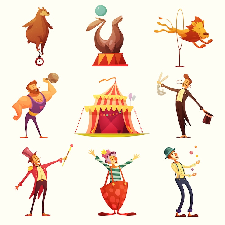 Gratis Vector circus retro pictogrammen cartoon set