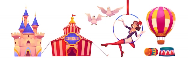 Gratis vector circus spullen en artiest big top tent, air gymnast