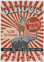 Circus vintage poster met handgetekende dieren zoals olifant en giraf