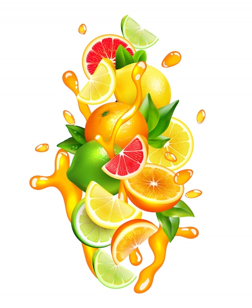 Gratis vector citrusvruchten juice drops kleurrijke samenstelling