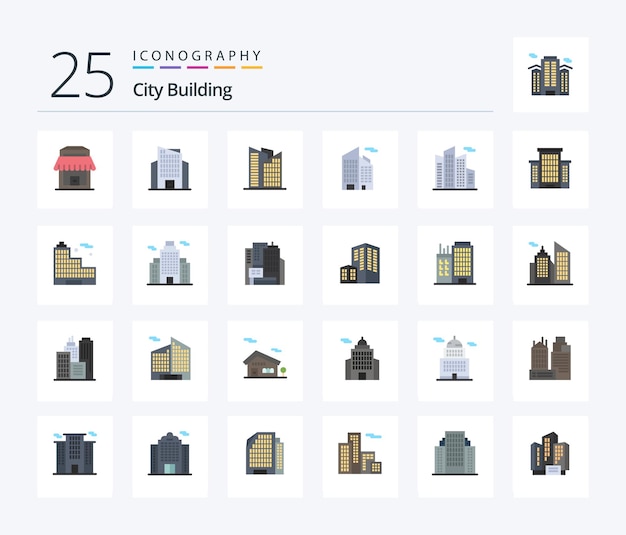 City building 25 flat color icon pack inclusief zakelijk echt kantoor kantoorgebouw