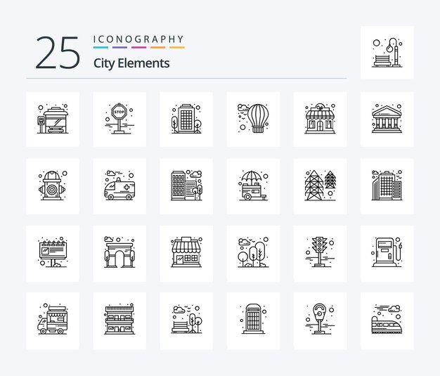 City Elements 25 Line icon pack inclusief winkelrestaurant stadshotelballon
