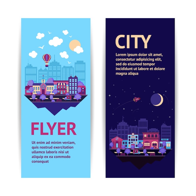 City night scape nacht en dag stad architectuur verticale banner set geïsoleerde vector illustratie