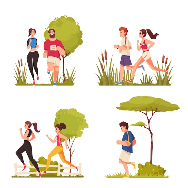 Gratis vector city runners cartoon iconen set met jonge mensen die buiten geïsoleerde vector illustratie lopen