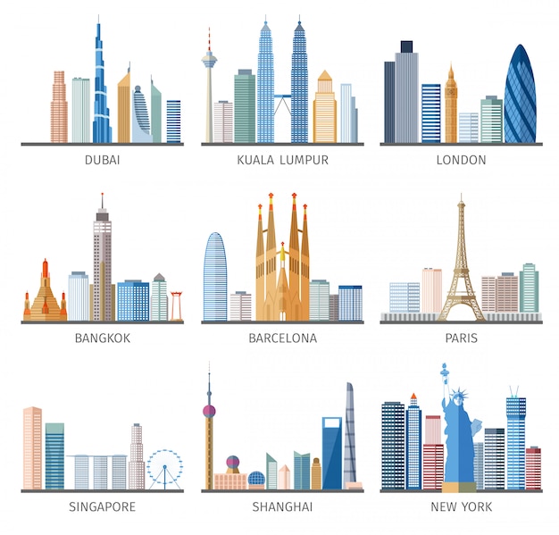 Gratis vector city skyline plat pictogrammen instellen