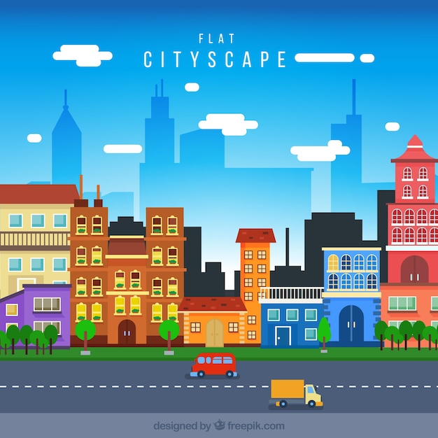 Gratis vector cityscape met gekleurde huizen in plat design