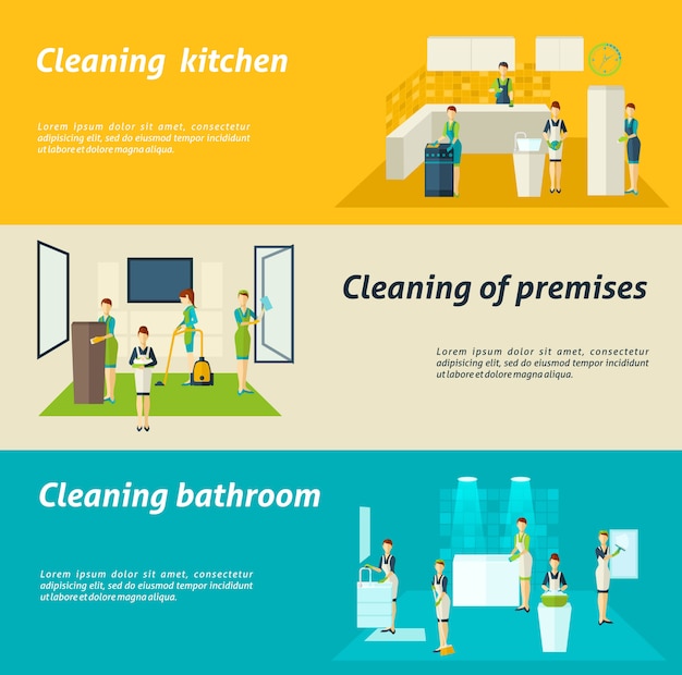 Gratis vector cleaning in rooms flat banners set