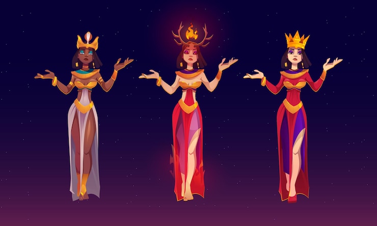 Gratis Vector cleopatra, duivelsmeisje en koningin op achtergrond van hemel met sterren. vectorbeeldverhaalreeks vrouwelijke karakters, prinses in gouden kroon, demon met hoorns en vuur en egyptische godin