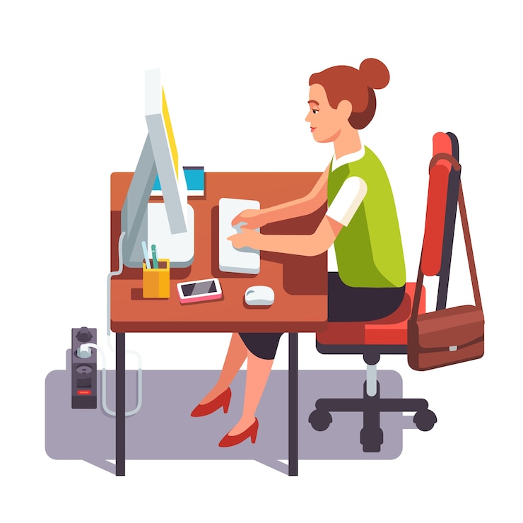 Gratis Vector clerk vrouw werken op een desktop computer