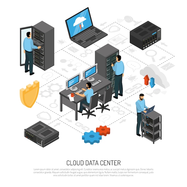 Cloud data center isometrische stroomdiagram