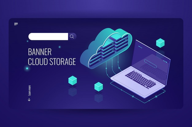 Cloud database computing, isometrisch pictogram van gegevensoverdracht van cloudstock, laptop