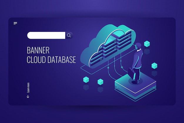 Gratis vector cloud-database, isometrische pictogram, data cloud computing, man blijven op platform