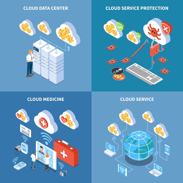 Gratis vector cloud technologie data center met beveiligingssysteem opslag van geneeskunde informatie isometrische concept geïsoleerd