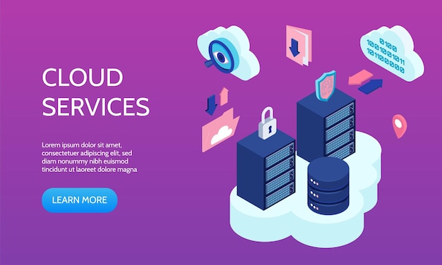 Cloud technologie horizontale banner met cloudservices symbolen isometrische vectorillustratie