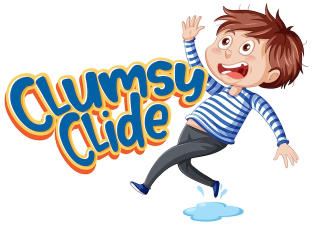 Clumsy clide logo tekstontwerp met een onhandige jongen