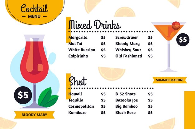 Cocktail drinkt menu concept