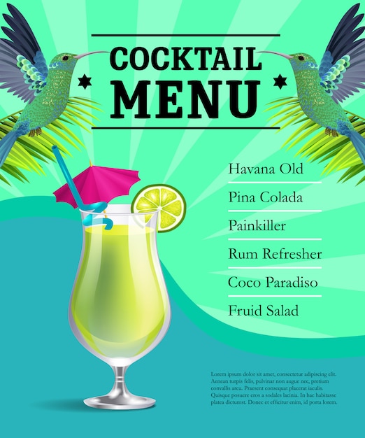 Gratis vector cocktail menu poster sjabloon. glas met drankje, colibri-vogels op groen