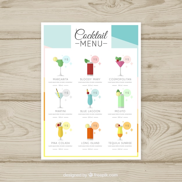 Gratis vector cocktail menusjabloon in vlakke stijl