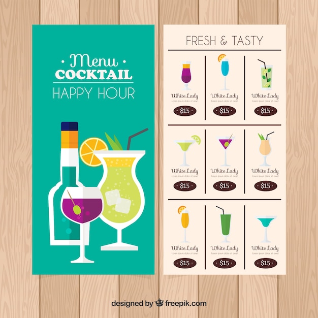 Gratis vector cocktail menusjabloon in vlakke stijl