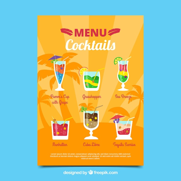 Gratis vector cocktail menusjabloon met platte ontwerp