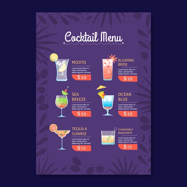 Gratis vector cocktail menusjabloon