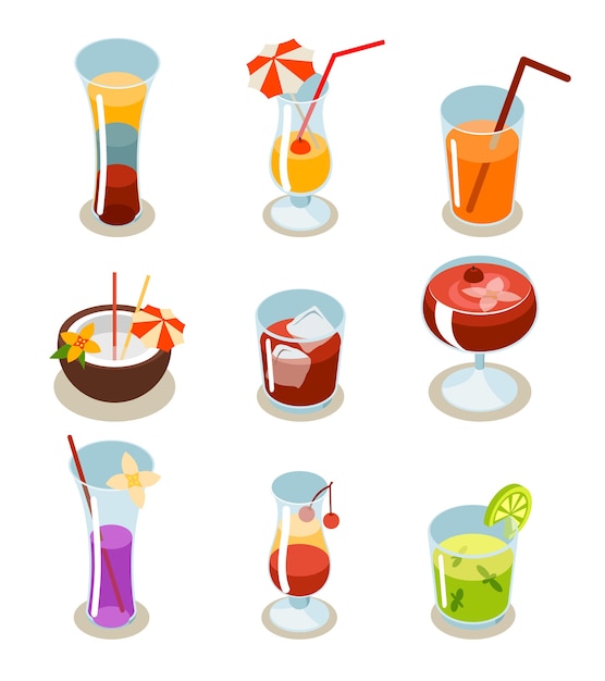 Cocktail pictogrammen isometrisch. glas en alcohol, vloeistof en sap, tropische verse drank.