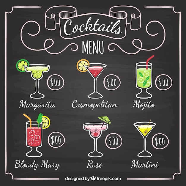 Gratis vector cocktailbarmenu in bordstijl