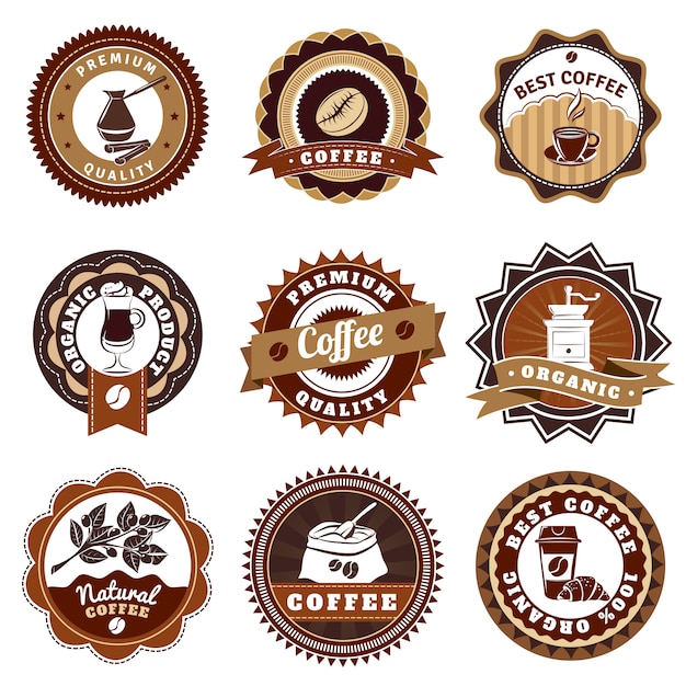 Gratis vector coffe emblemenetiketten instellen bruin