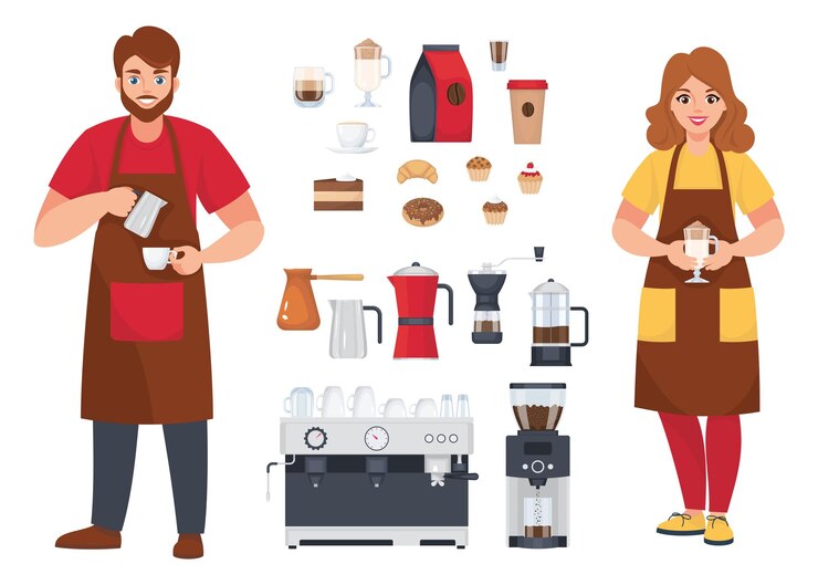 Gratis Vector coffeeshop set met geïsoleerde barista en coffeeshop accessoires vector illustratie