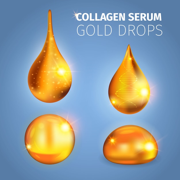 Gratis vector collageen serum gouden druppels met glanzende oppervlaktespikkels van lichte dna-helix vectorillustratie